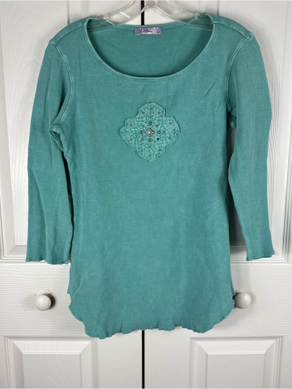 Marabou Women's Knit Top Teal Rounded Cross Size Medium